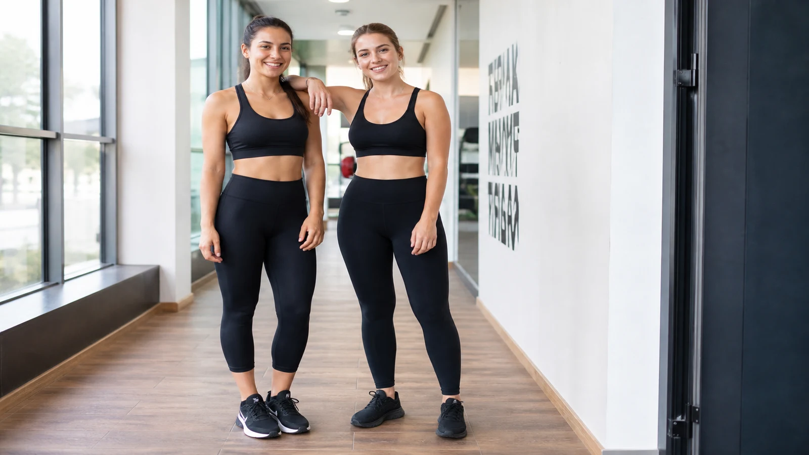 Comparison of 7/8 and full-length black gym leggings worn with trainers in a UK gym corridor
