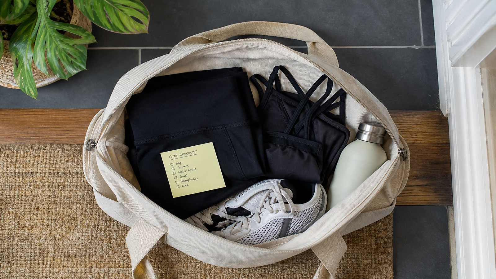 Beginner UK gym kit laid out with leggings, sports bra, trainers and water bottle