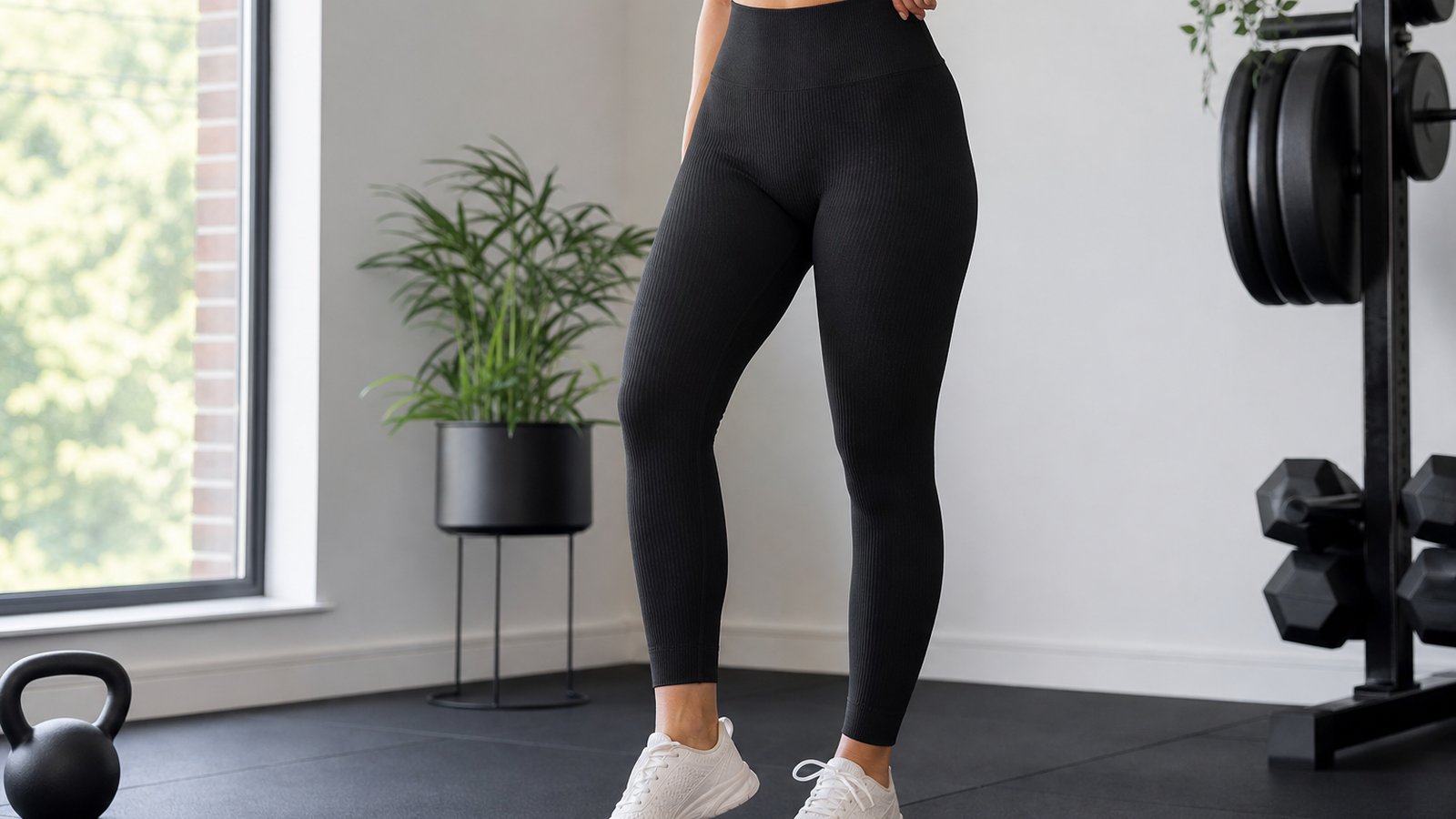 High-waisted ribbed seamless leggings in athleisure lifestyle framing