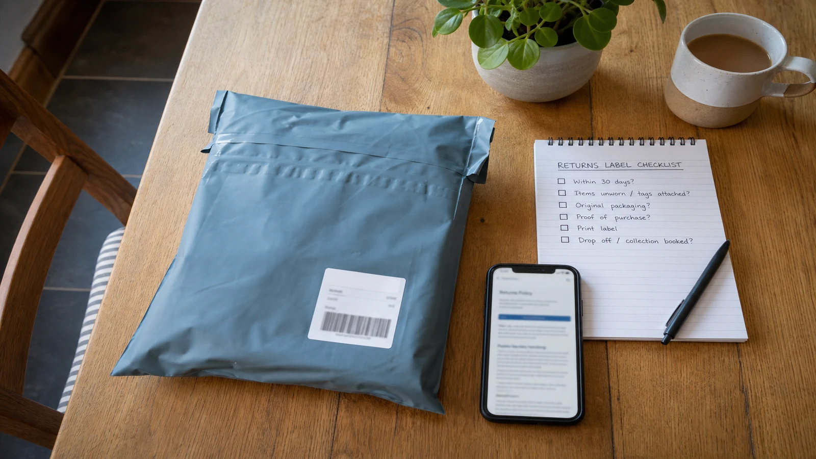 Online activewear parcel beside a notepad checklist for UK cooling-off returns