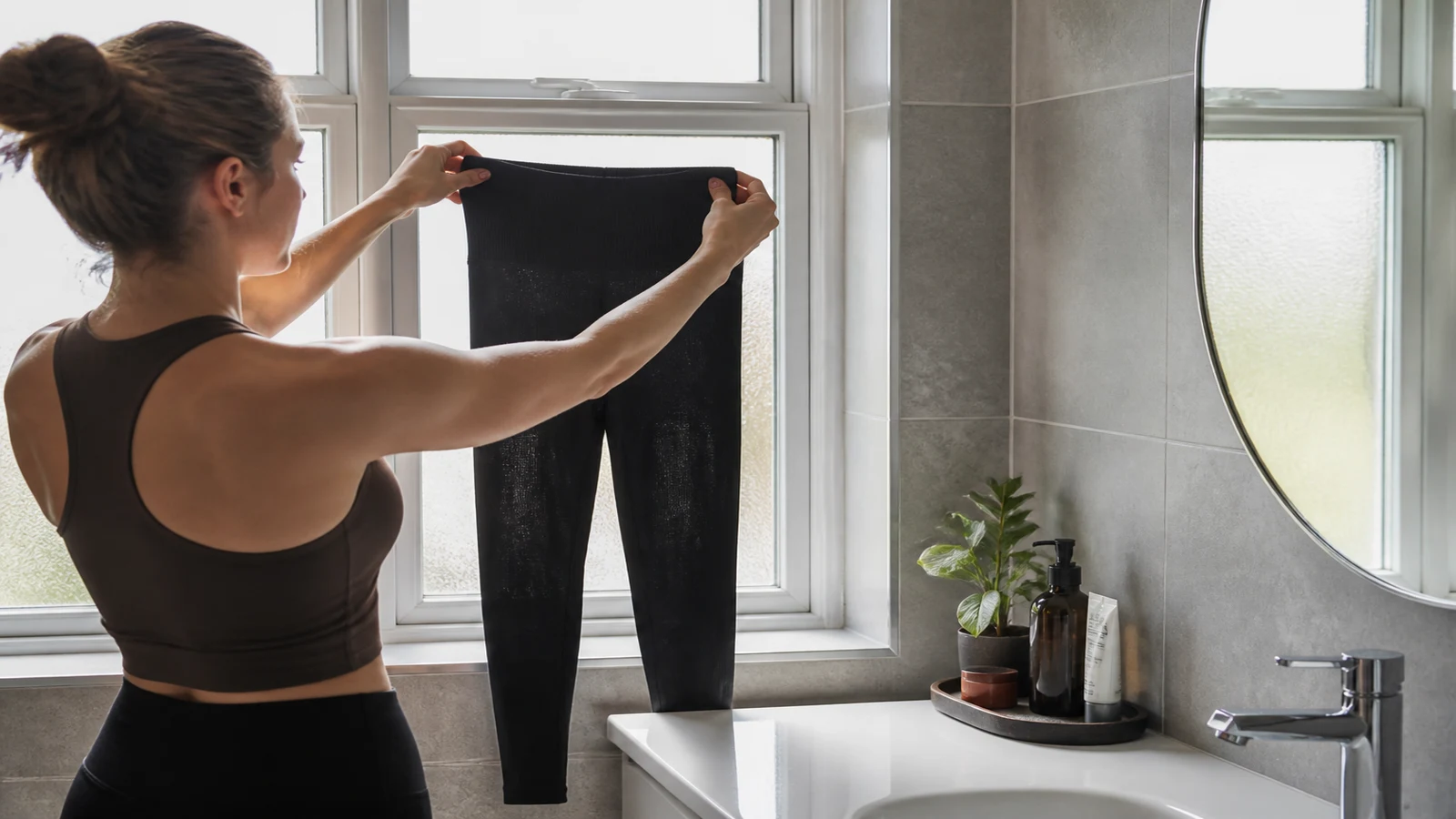 Woman checking gym leggings opacity by stretching fabric toward window light in a UK bathroom
