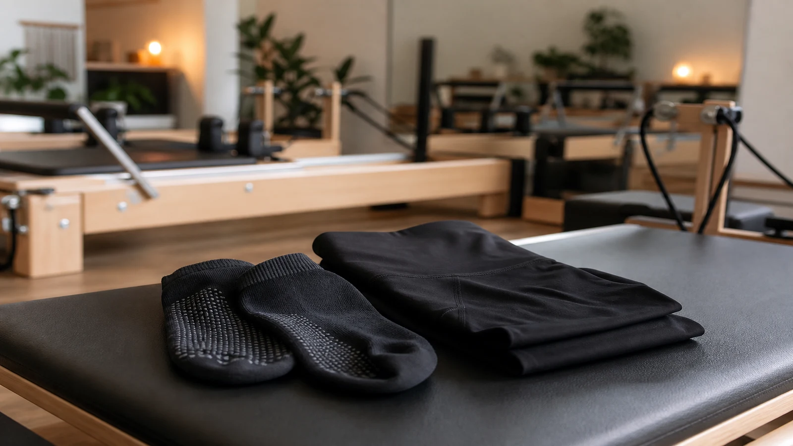 Reformer pilates studio bench with grip socks and fitted high-waist black leggings